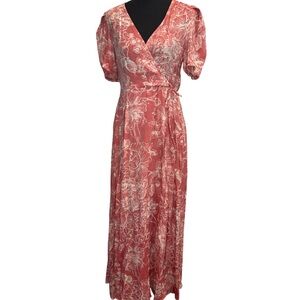 🔵 Stella & Julie Floral V-Neck Maxi Dress in Light Red & White Size 6